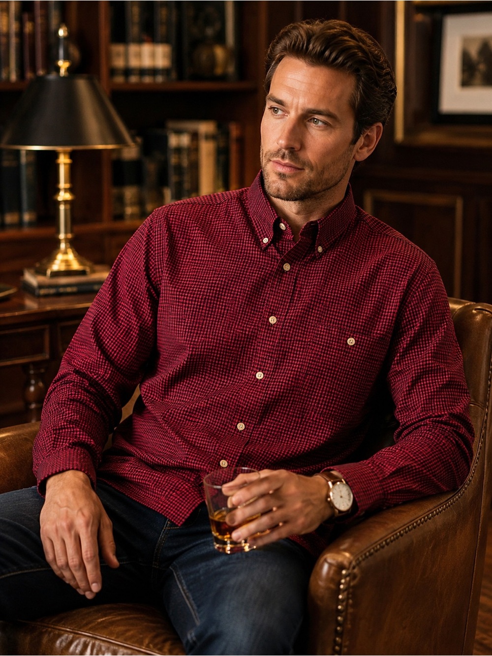 bill blass Men's Burgundy Check Button-Down Shirt